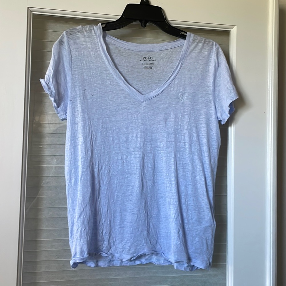 Polo Short Sleeve Linen Shirt Light Blue Size Small